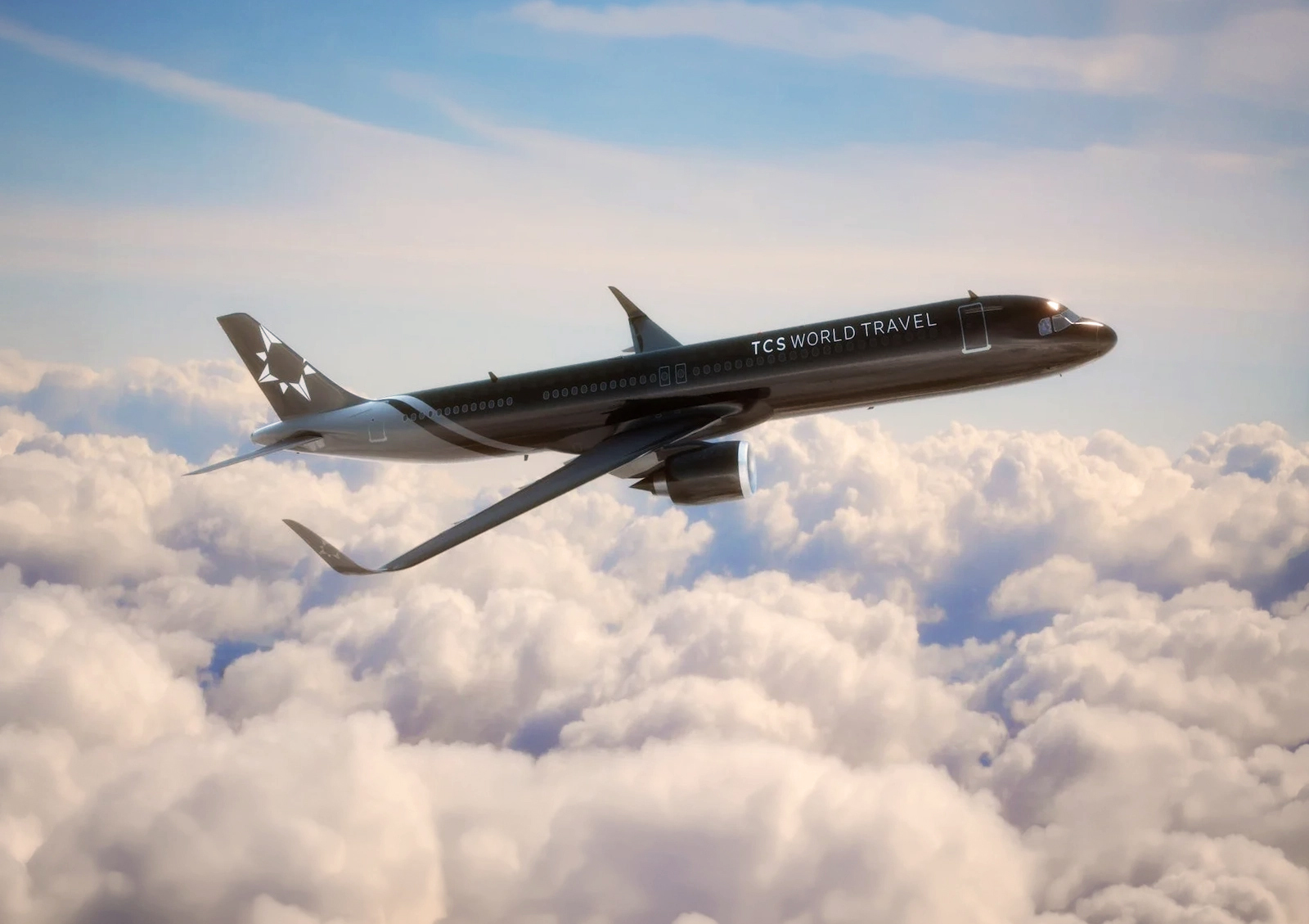 A black TCS World Travel private jet in flight above a bank of clouds.